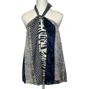 Banana Republic Silky Halter Tie Neck Blouse Keyhole Preppy Blue White‎ Print L